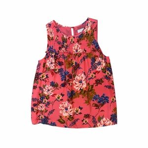 LOFT Blouse Top Pink Floral Smocked Ruffle Sleeveless Romantic Feminine Sz Small